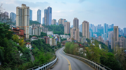 Urban skyline with modern city buildings and winding road