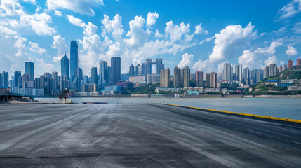 Modern city skyline with skyscrapers and empty asphalt road