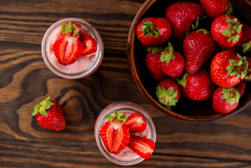 Tofu soy strawberry dessert in a glass. Vegan homemade. Lactose and sugar free. Top view.