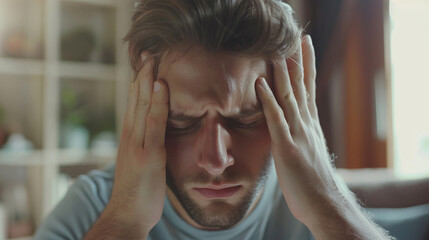 Young man suffering from intense headache holding head in pain