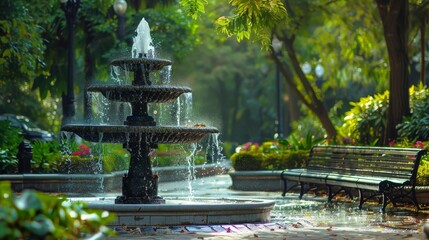 Tranquil park scene with a charming fountain surrounded by lush greenery and a bench, perfect for a peaceful getaway.