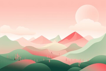 Abstract landscape illustration of rolling green and pink hills, with soft clouds and the sun on the horizon in pastel colors.