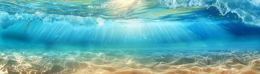 Underwater view of a clear blue ocean with sunlight shining through the waves, creating a serene and vibrant marine landscape.