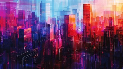 Vibrant abstract depiction of a futuristic cityscape with vivid colors and geometric shapes, illustrating modern urban architecture and technology.