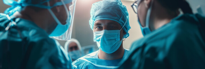 An intense surgical scene with a team of medical professionals in scrubs focused on surgery