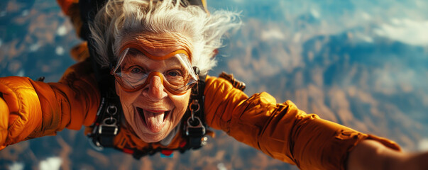 close-up of an old woman grandmother skydiving. She has her tongue out with joy as if it were the best moment of her life. Bucket list and staying young concept.
