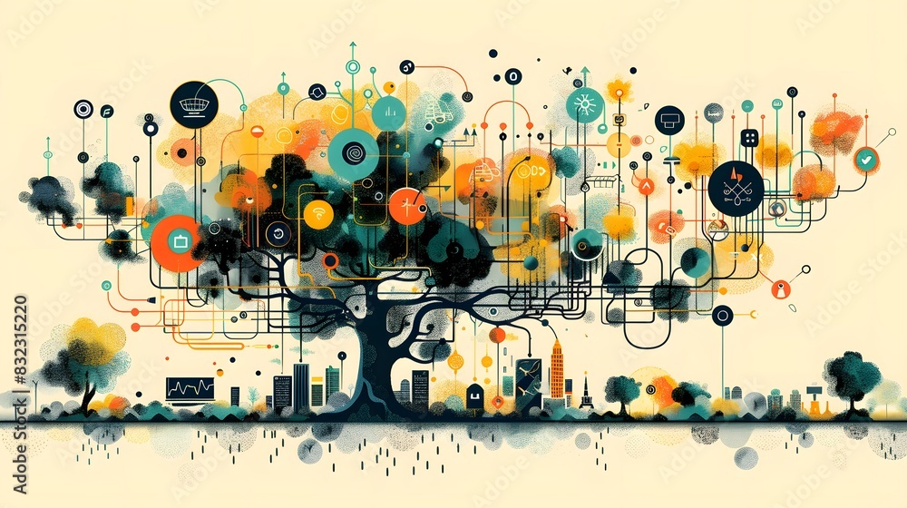 Poster an infographic that visualizes the growth of the internet from its inception to today, using a tree 