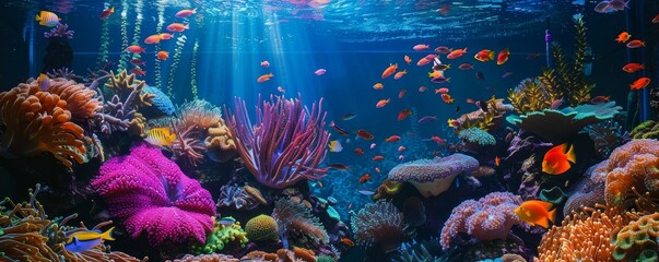 Vibrant underwater coral reef scene with colorful fish, diverse marine life, and beautiful aquatic plants illuminated by sunlight.
