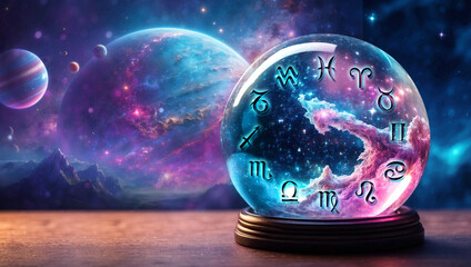 crystal ball with nebula and  all zodiac signs and a planet in background like planetary astrology concept 
