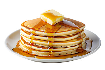 Stack of Pancakes with Syrup and Butter on Plate isolated on transparent or white background, png