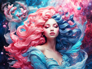 astrology illustration of beautiful woman in pink, blue and aquamarine and the zodiac sign of Pisces