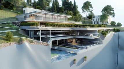 Fototapeta premium A detailed visualization of an underground geothermal heating and cooling system serving an entire green residential area.