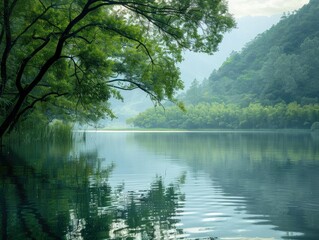 Tranquil waters reflecting serene scene