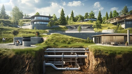 A detailed visualization of an underground geothermal heating and cooling system serving an entire green residential area.