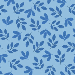 Blue leaves seamless pattern with hand drawn scattered  twigs. Monochrome botanical allover illustration. Leafy branches background
