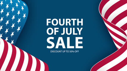 Fourth of July Sale. United States Independence Day commercial banner with waving American flag for shopping promotion and holiday sale advertising. Vector illustration.