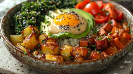 A delicious and healthy breakfast bowl with eggs, avocado, tomatoes, and spinach.