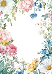 floral frame with pastel flowers on white background