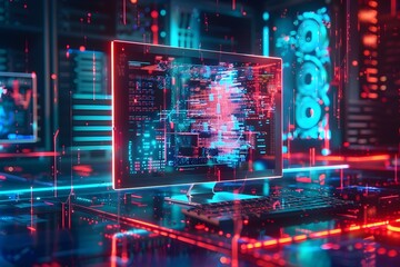A computer monitor is surrounded by a colorful, neon background. Concept of technology and innovation, with the bright colors and futuristic design