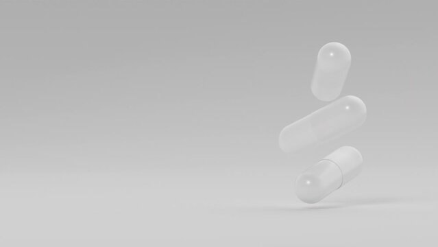 Animation of white medicine capsules rotating against white backdrop. Medical research, science concept. 3d render animation loopable