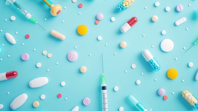 Medical background with copy space, top view of colorful microetiics like syringe and pills on blue color background