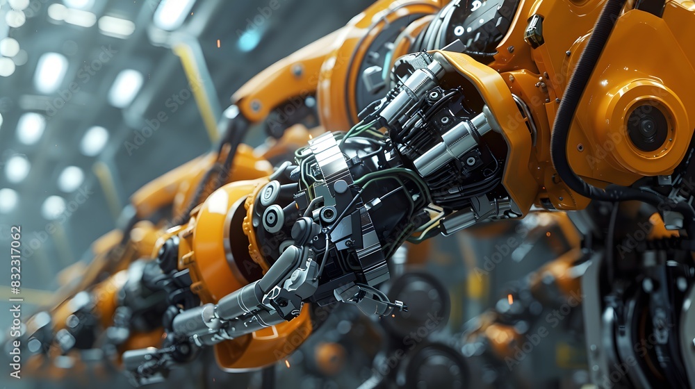 Poster within the confines of a state-of-the-art factory, robotic arms assemble intricate high-tech engines