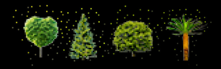 Verschieden Bäume in Pixelart vor schwarzem Hintergrund