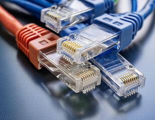 close-up of ethernet cables plugged into ports of network device