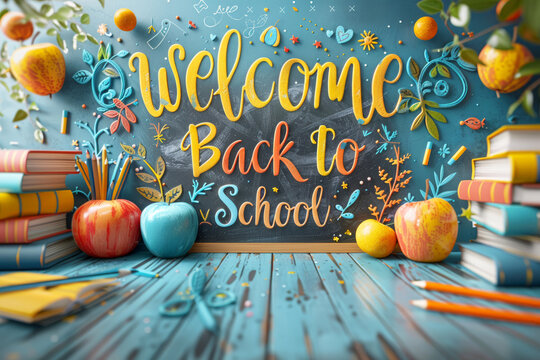 Colorful welcome back to school sign with books, apples, and pencils on a blue background, ideal for back-to-school promotions. Back to School.