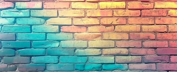 Brick wall in rainbown-like gradient in pastel colors for background. Stylish background with multicolor brick wall.