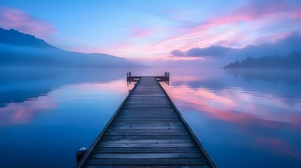 Fototapeta premium A long wooden pier extends into the calm lake at dawn, surrounded by serene blue and purple hues of sky and water, creating an atmosphere of tranquility and peace.