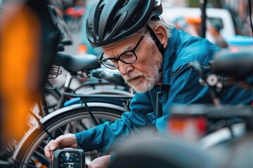 Naklejka premium a image of a man in a helmet is checking his cell phone