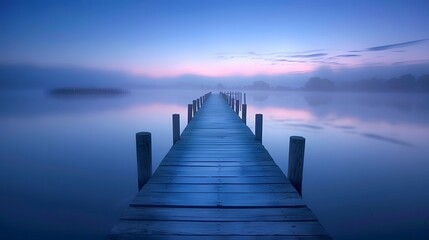 Obraz premium A long wooden pier extends into the calm lake at dawn, surrounded by serene blue and purple hues of sky and water, creating an atmosphere of tranquility and peace.