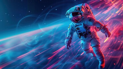 Dynamic Minimalist Digital Illustration: Astronaut Walking on Blue Background with Red Light Reflections