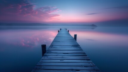 Obraz premium A long wooden pier extends into the calm lake at dawn, surrounded by serene blue and purple hues of sky and water, creating an atmosphere of tranquility and peace.