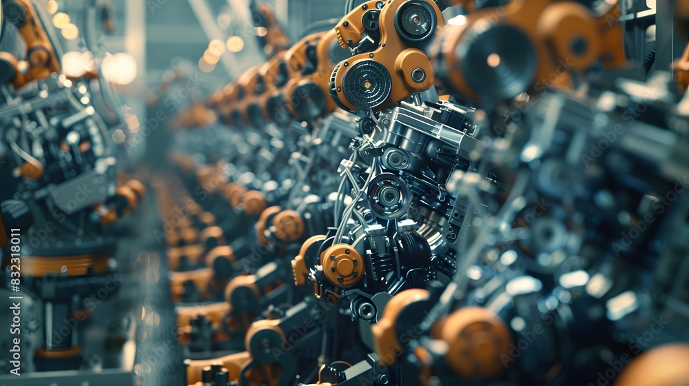 Poster within the confines of a state-of-the-art factory, robotic arms assemble intricate high-tech engines