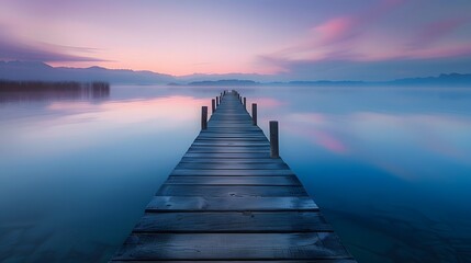 Naklejka premium A long wooden pier extends into the calm lake at dawn, surrounded by serene blue and purple hues of sky and water, creating an atmosphere of tranquility and peace.