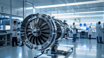 Fototapeta premium In the heart of a sleek laboratory, a high-tech engine hums to life, surrounded by a team of engineers, symbolizing the pinnacle of innovation and precision 