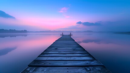 A long wooden pier extends into the calm lake at dawn, surrounded by serene blue and purple hues of sky and water, creating an atmosphere of tranquility and peace.