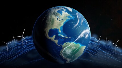 A dynamic view of Earth with animated wind patterns and ocean currents powering turbines and wave energy converters, illustrating a living, breathing planet powered by renewable sources.