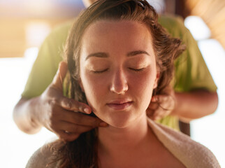 Head massage, woman and relaxed in spa for wellness, calm and physical therapy or stress relief....