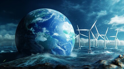 A dynamic view of Earth with animated wind patterns and ocean currents powering turbines and wave energy converters, illustrating a living, breathing planet powered by renewable sources.