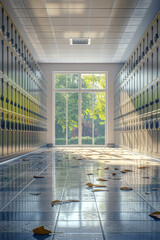 Empty school hallway with lockers and fallen leaves on the floor, depicting a quiet moment in an academic setting. Back to School.