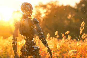 Fototapeta premium An organically styled humanoid robot with realistic, human-like ligaments and sinews, framed by a serene, sunlit landscape, captured in HD.