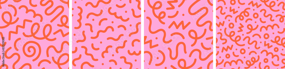 Poster Fun red line doodle seamless pattern set. Creative abstract style art background for children or trendy design with basic shapes. Simple childish scribble wallpaper print.
