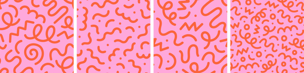 Fun red line doodle seamless pattern set. Creative abstract style art background for children or trendy design with basic shapes. Simple childish scribble wallpaper print.