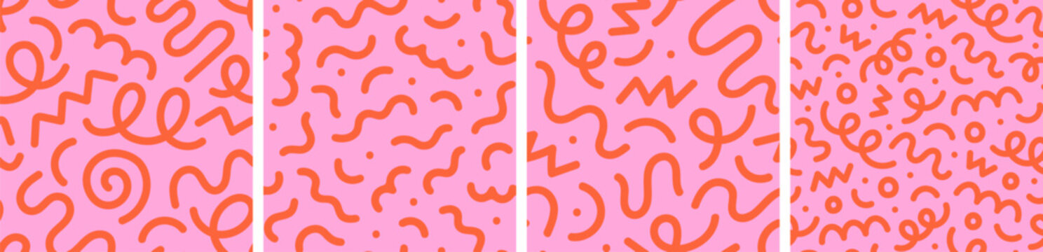 Fun red line doodle seamless pattern set. Creative abstract style art background for children or trendy design with basic shapes. Simple childish scribble wallpaper print.