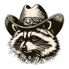 Vintage illustration of western raccoon with a cowboy hat