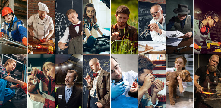 Different people showing various professions. Diversity of skills. Collage made of men and women. Concept of profession,. employment, diversity, choice