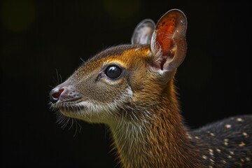 Obraz premium Mystic portrait of Mouse Deer, copy space on right side, Anger, Menacing, Headshot, Close-up View Isolated on black background